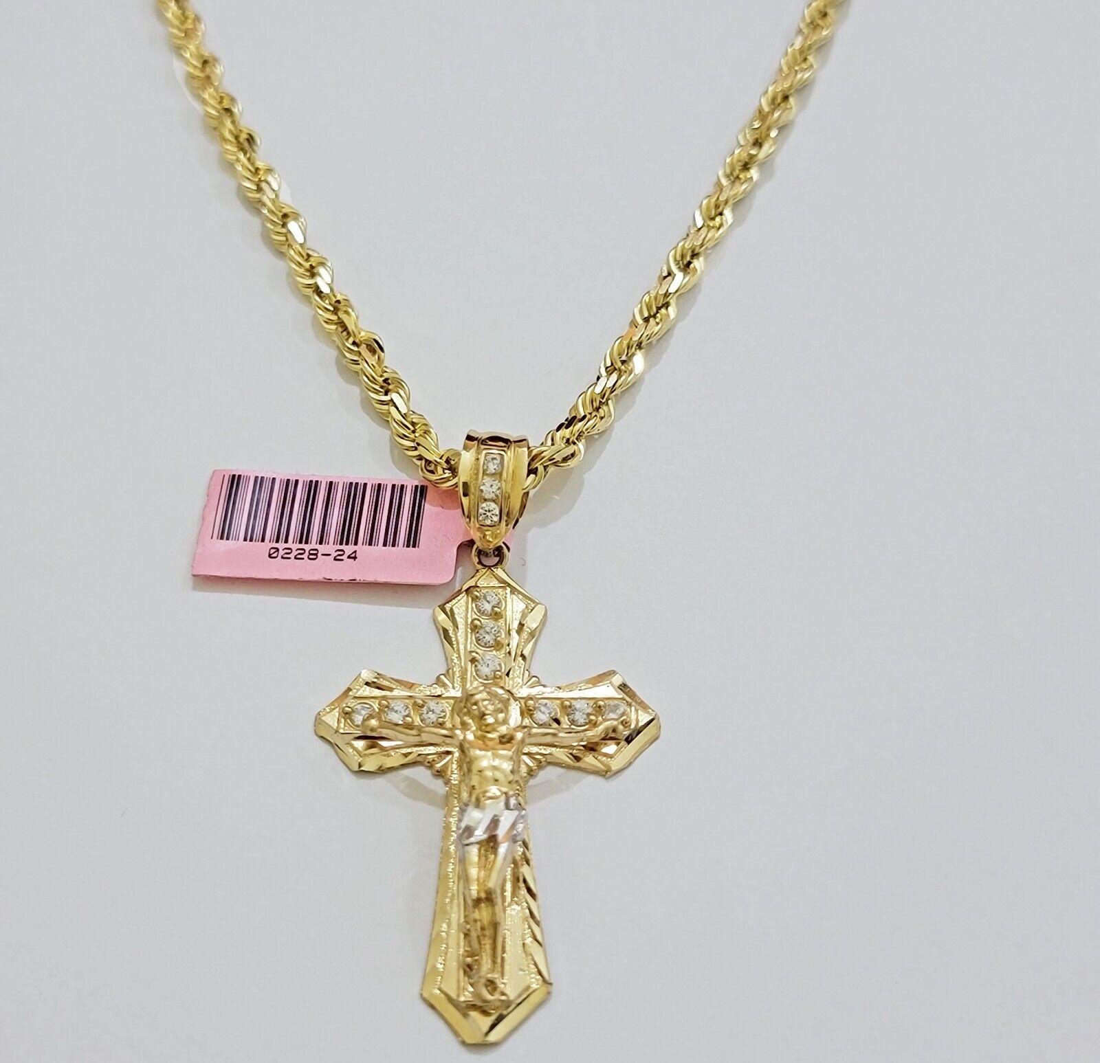 REAL 14k Gold Rope Necklace Cross Charm Pendant SET SOLID 4mm 22 Inch Chain Mens